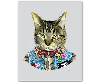 Punk Cat art print  - Pet Portrait - Animals in Clothes - Animal Art - Punk Rock - Tabby Cat - Ryan Berkley Illustration 5x7