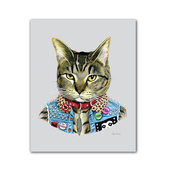 Punk Cat art print - Pet Portrait - Animales en la ropa - Animal Art - Punk Rock - Tabby Cat - Ryan Berkley Ilustración 5x7