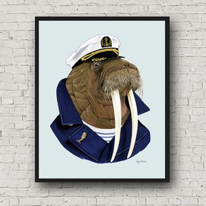 Stampa Oversize Walrus Sea Captain - Ryan Berkley Illustration - 16x20 o 20x28 - Arredamento moderno - Asilo nido moderno - Bambini moderni - Animali marini