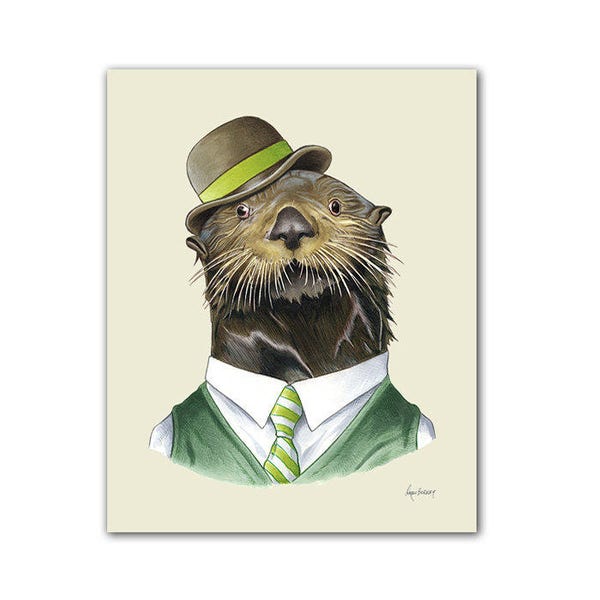 Otter Kunstdruck - Tierkunst - Kinderzimmerdeko - Tiere in der Kleidung - Kinderbilder - Otter Illustration 20x30