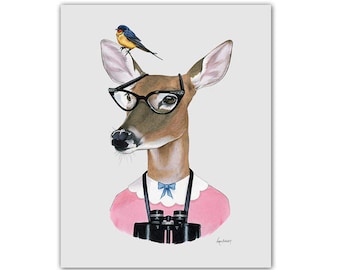 Deer Art - Doe print - Woodland Nursery - Dapper Animals - Berkley Bestiary - Ryan Berkley Illustration - Birdwatching - 5x7