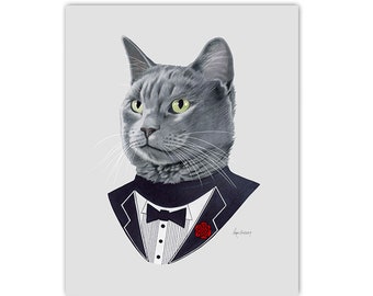 Grey Cat art print - Animals in Clothes - Animal Art - Gray Cat - Pet Portrait - Tuxedo Tshirt -  Ryan Berkley Illustration