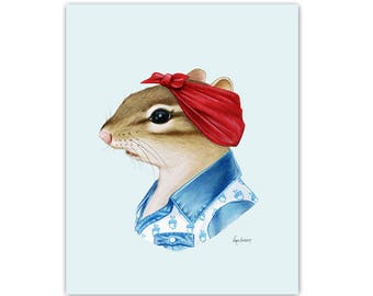 Chipmunk Lady - modern animal art - gallery wall art - apartment art - animals in clothes - animal artwork - Ryan Berkley 5x7