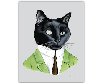 Mister Black Cat art print  - Nursery art - Pet Portrait - Animals in Clothes - Animal Art - Ryan Berkley Illustration 8x10