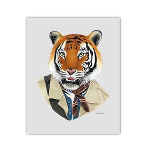 May include: A painting of a tiger wearing a tan jacket, a blue shirt, and a red and blue bandana. The tiger has a serious expression on its face.