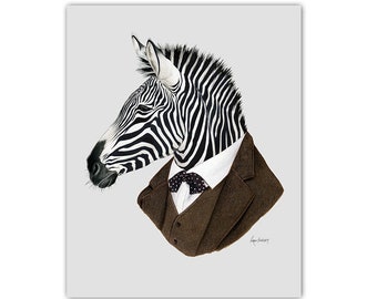 Zebra print animal art - zebra print -dapper animals - unique gift - groomsmen gift - guy gift - Ryan Berkley Illustration 11x14