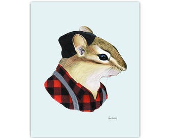 Chipmunk - modern animal art - gallery wall art - apartment art - animals in clothes - animal artwork - Ryan Berkley 5x7
