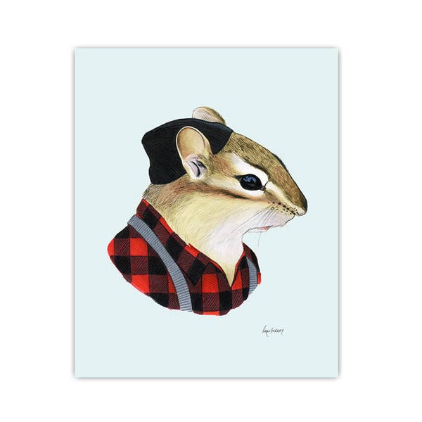 Chipmunk - modern animal art - gallery wall art - apartment art - animals in clothes - animal artwork - Ryan Berkley 5x7