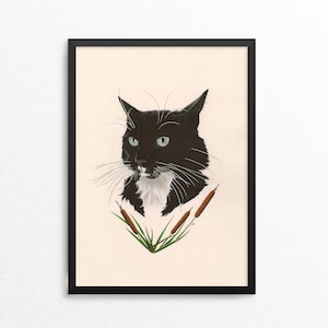 May include: A black and white cat with green eyes looking to the left. The cat has a white patch on its chest and is surrounded by brown cattails and green grass.