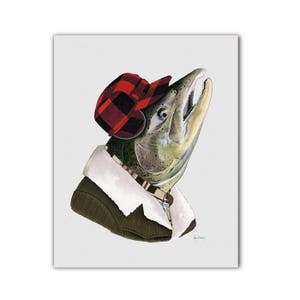 May include: A salmon wearing a red and black plaid hat and a brown jacket with a white fur collar. The salmon is looking up.