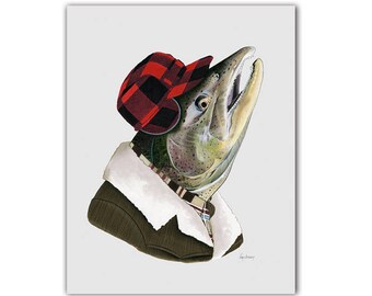 Salmon art print - Animal Art - Ryan Berkley Illustration - Dapper Animals - Animals in Clothes - Nursery Art - Man Cave - 8x10