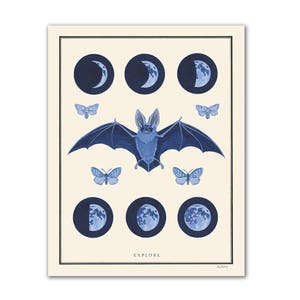 May include: A blue and white illustration of a bat flying with six moons and four moths. The text "EXPLORE" is at the bottom of the image.