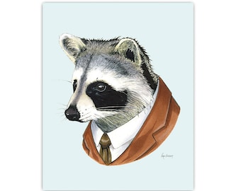 Raccoon animal print - modern kid art - art print - modern nursery - animals in clothes - animal artwork - Ryan Berkley Illustration 8x10