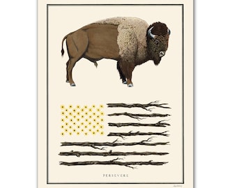 Natural Values print - Persevere - Bison - American Flag - Nature Art - Inspirational - Ryan Berkley - Illustration - Buffalo - Wall Art