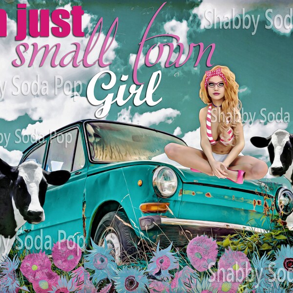 Retro Pop Art Country Girl, Country Drive Bright Colors Grungy Vintage Pin Up Farm Girl Digital Art Download