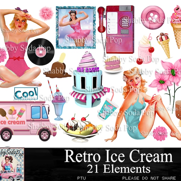 Vintage Ice Cream Shop Clipart Printable, Retro Ice Cream Collage Sheet Printable, Vintage Pin Up Clipart Printable, Scrapbooking Elements