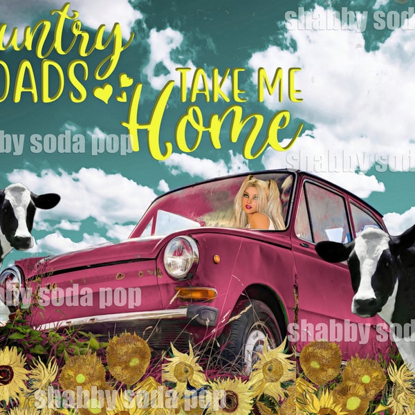 Retro Pop Art Country Girl, Country Roads Bright Colors Grungy Vintage Pin Up Farm Girl Digital Art Download
