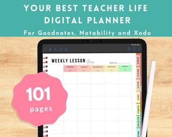 Best Teacher Life Digital Planner w/ Digital Stickers- Undated Planner with Well-Being and Productivity Tools for Classroom Organization