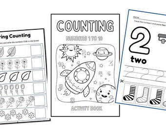 May include: Three black and white activity sheets for children. One sheet is titled "Spring Counting" and features counting exercises with leaves, flowers, and tulips. Another is titled "Counting Numbers 1 to 10" with a rocket ship and planets. The third sheet focuses on the number two.