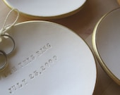personalized gold rim Ring Bearer Bowl, custom wedding ring bowl with words, names, by Paloma's Nest