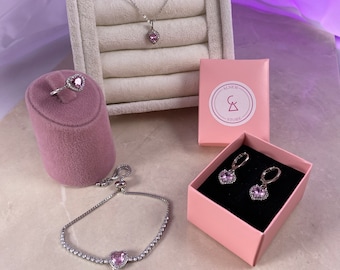 Conjunto de pulsera y anillo rosa de acero inoxidable para el Día de la Madre, conjunto de joyas de amor rosa para novia, collar de amor y aretes colgantes