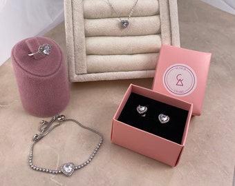 Conjunto de pulsera y anillo de plata de acero inoxidable para el Día de las Madres, Conjunto de joyas de amor de plata para novia, Regalo de bodas para novia, Corazón real