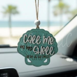 Call Me On My Shell Car Charm, Teal Wood Seashell Rearview Mirror Hanging, Beachy Car Accessory, Nautical Gift for Her, Coastal Car Decor