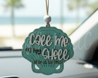 Call Me On My Shell Car Charm, Teal Wood Seashell Rearview Mirror Hanging, Beachy Car Accessory, Nautical Gift for Her, Coastal Car Decor