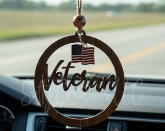 Handmade Wooden Veteran Car Charm with American Flag