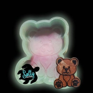 May include: A silicone mold for making resin crafts. The mold is shaped like a teddy bear with a light green and pink color. A small brown resin teddy bear is shown next to the mold.