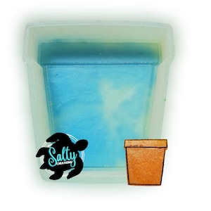 May include: A clear, rectangular mold with a flower pot shape, filled with a blue and white resin. A small, brown flower pot graphic is next to the mold. The logo for Salty Creations is in the lower left corner.