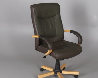 Modern Leather and Blond Wood Swivel Office Armchair - Contemporary Design