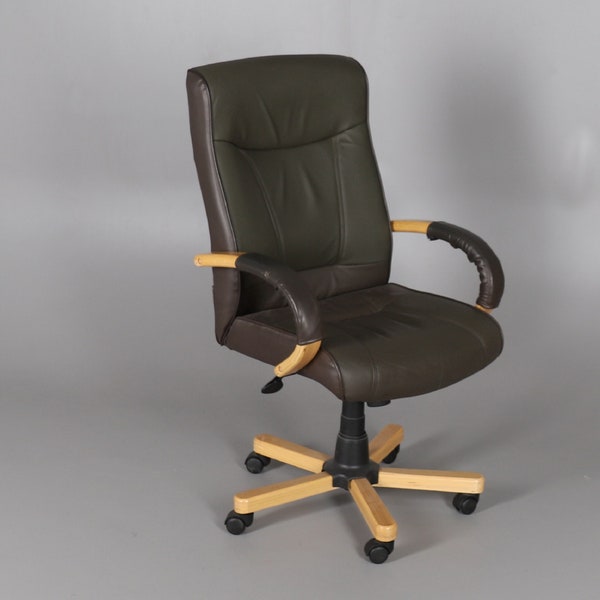 Modern Leather and Blond Wood Swivel Office Armchair - Contemporary Design