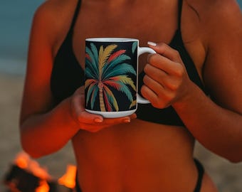 Taza con estampado de palmeras tropicales, taza de café de cerámica colorida, bebida playera para verano, regalo para ella, decoración relajante, taza de vacaciones