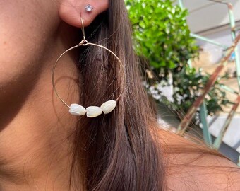 Gold-Filled or Silver hoop earrings with hand carved Pikake mother of Pearl flowers charms