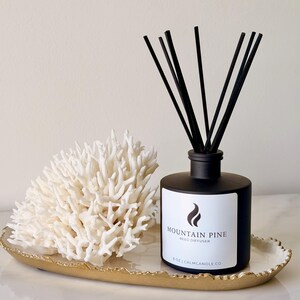 May include: A black Mountain Pine reed diffuser with black reeds, a white label, and a white coral decoration on a gold-rimmed tray. The diffuser is 8 oz.