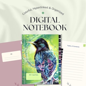 Może przedstawiać: Cyfrowy notatnik z kolorową ilustracją ptaka na okładce, tekstem "DIGITAL NOTEBOOK" u góry i różowym notatnikiem po lewej stronie. Notatnik ma stronę "Spis treści" i zakładki.