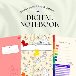 May include: Digital notebook with the text "DIGITAL NOTEBOOK" at the top. The image shows three notebooks: a pink notebook with a white label, a patterned notebook with colorful illustrations, and a notebook with a table of contents.