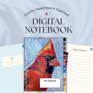 Peut inclure: Carnet numérique avec une illustration de cardinal rouge sur la couverture, avec les mots "My Notes" sur une étiquette blanche. Le carnet est entouré d'autres carnets numériques avec les mots "Colorful, Hyperlinked & Organized" et "Digital Notebook".