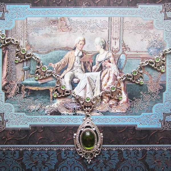 Collier Halskette, viktorianischer Halsschmuck mit einem Glascabochon und grünen Strasssteinen