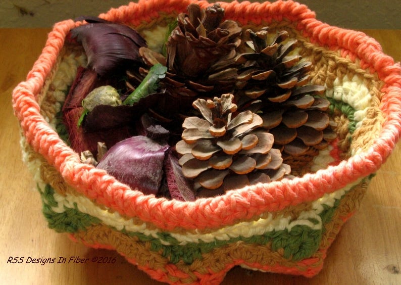 Handmade Fall Color Basket  Orange Tan Green Cream Crochet image 0
