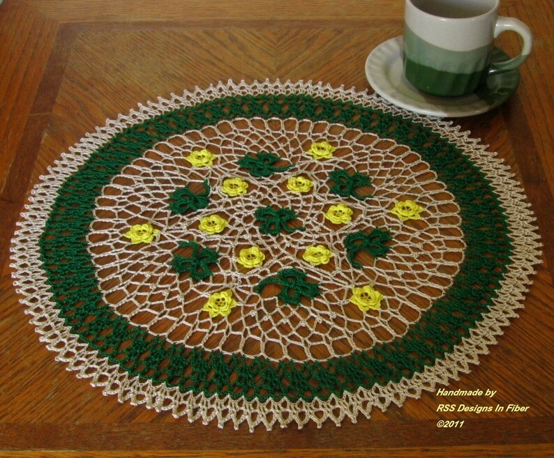 Green Shamrock Doily with Yellow Flowers  3 Leaf Clover image 0