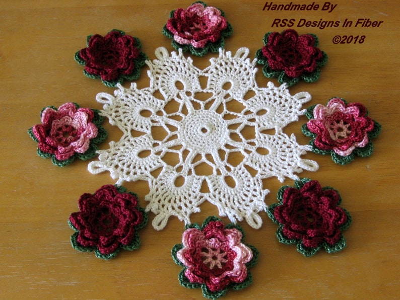 Red Rose Cluny Lace Doily  Irish Crochet Round 3D Rose Doily image 0