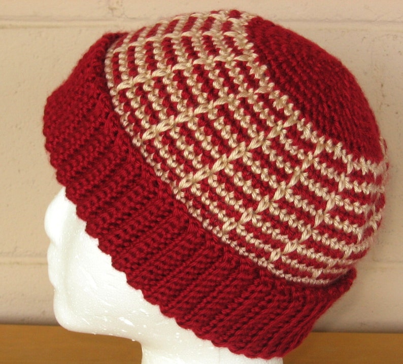 Adult Hat  Crochet Beanie with Cuff  Autumn Red with Beige image 0