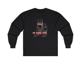 May include: Black long-sleeve t-shirt with a graphic of a guillotine and a person in a hooded sweatshirt. The text "NO MORE CEOS" is printed in red below the graphic.