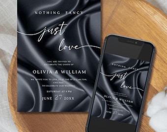 Black Wedding Invitation – Template Nothing Fancy Just Love – Elopement & Reception Digital Invitation with Textured Background, #027/7