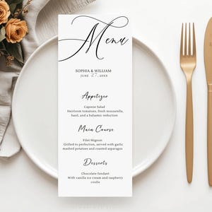 Menù di nozze minimalista ed elegante, modello di menù da tavolo moderno, menù per eventi stampabile, menù per cena modificabile, elegante menù per nozze, #022