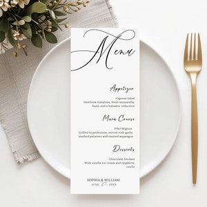 Menù moderno per matrimonio, eleganti carte per menù per eventi, menù per cena minimalista stampabile, semplice carta per tavolo matrimonio, download menù cena, #023