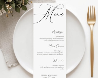 Modern bruiloftstafelmenu, elegante evenementmenukaarten, afdrukbaar minimalistisch dinermenu, eenvoudige bruiloftstafelkaart, dinermenu downloaden, #023