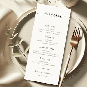 Plantilla de menú de boda minimalista, menú elegante para cenas, tarjetas de menú de recepción modernas, descarga de menú digital, n.° 027/2